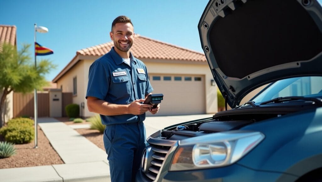 A friendly, professional mobile mechanic working on a car parked in a sunny suburban driveway in Henderson, Nevada. The mechanic wears a clean uniform with a logo patch, holding tools and a diagnostic scanner. The background shows typical Henderson scenery—clear blue skies, desert plants, and modern homes. The car’s hood is open, and the mechanic is focused and approachable, symbolizing trust and convenience.