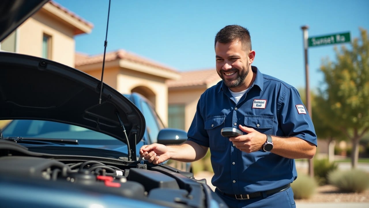 A friendly, professional mobile mechanic working on a car parked in a sunny suburban driveway in Henderson, Nevada. The mechanic wears a clean uniform with a logo patch, holding tools and a diagnostic scanner. The background shows typical Henderson scenery—clear blue skies, desert plants, and modern homes. The car’s hood is open, and the mechanic is focused and approachable, symbolizing trust and convenience.