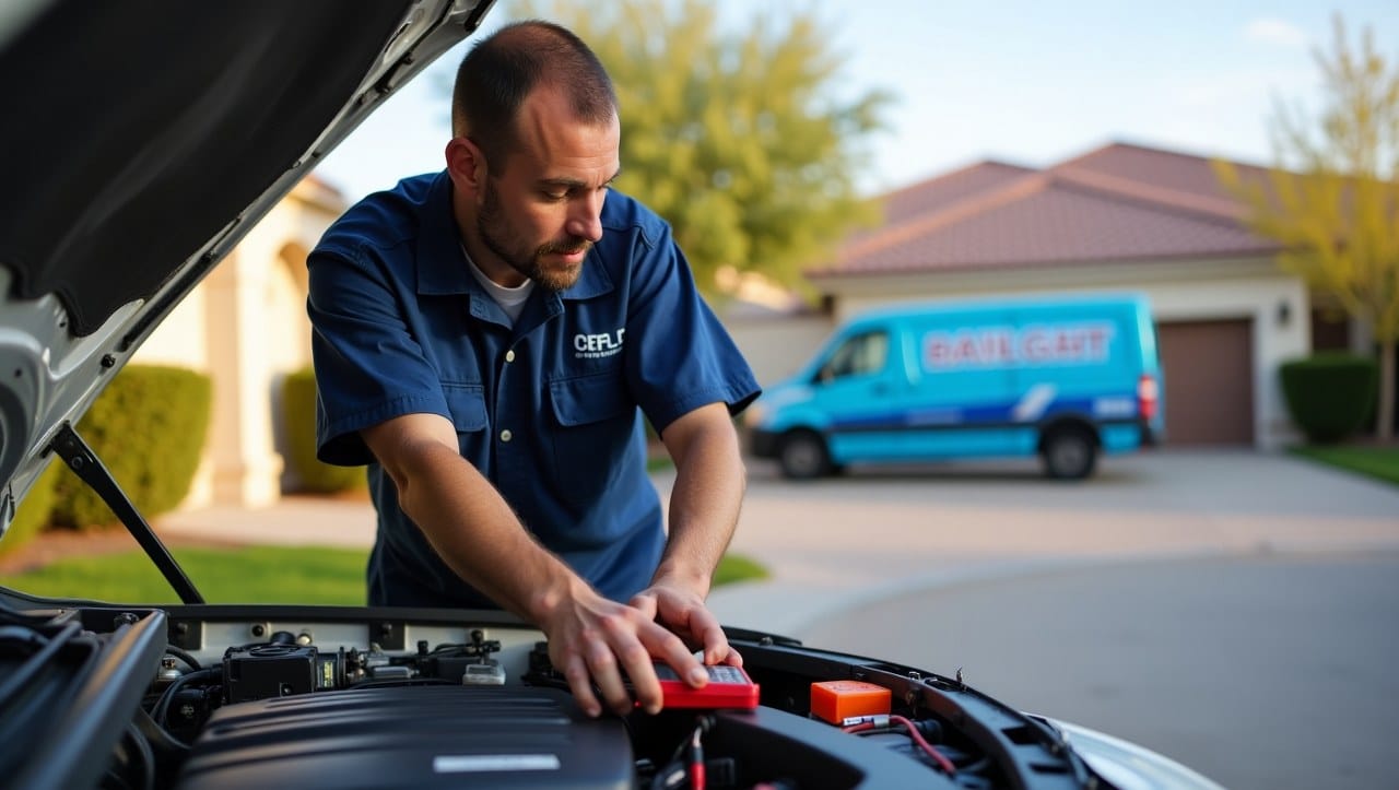 A professional mobile mechanic in a branded uniform working on a car’s engine with the hood open, clearly inspecting or replacing the alternator. The setting is a bright suburban Henderson driveway with desert plants and sunny skies visible.