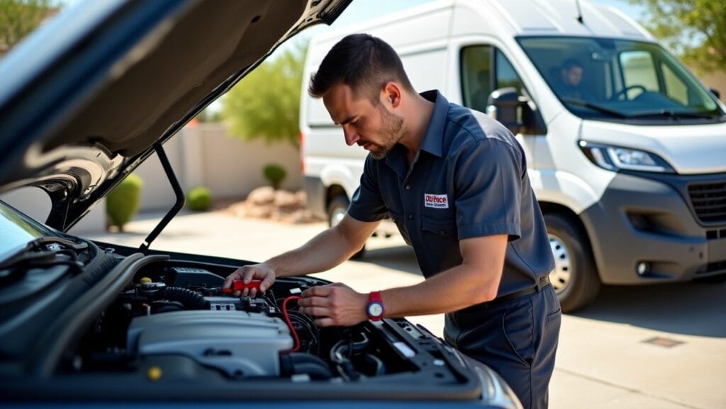 A professional mobile mechanic in a branded uniform working on a car’s engine with the hood open, clearly inspecting or replacing the alternator. The setting is a bright suburban Henderson driveway with desert plants and sunny skies visible.
