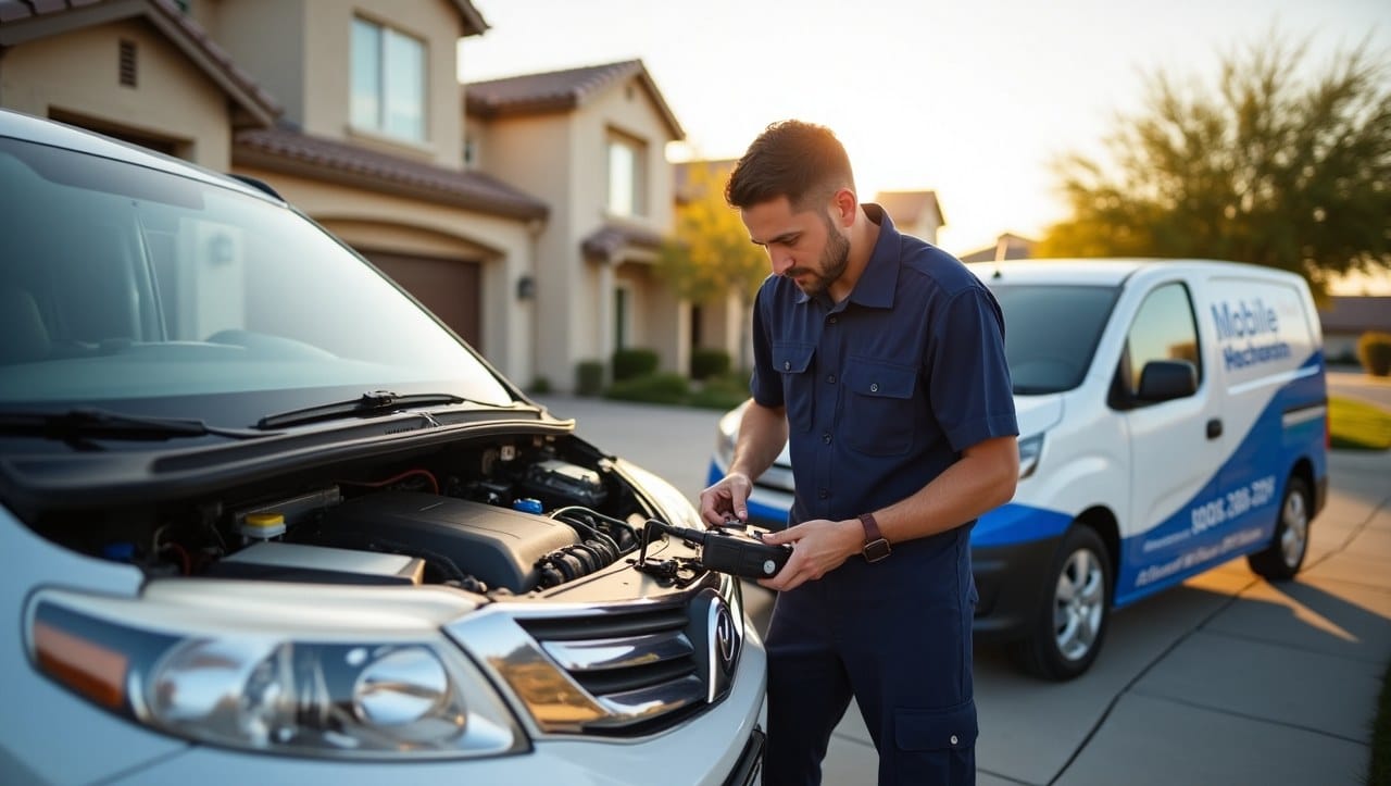 A professional mobile mechanic in uniform working on a car parked in a suburban driveway under the Nevada sun. The background shows modern Henderson-style homes and desert landscaping. The mechanic is using diagnostic tools or replacing a car battery, emphasising on-the-spot service.
