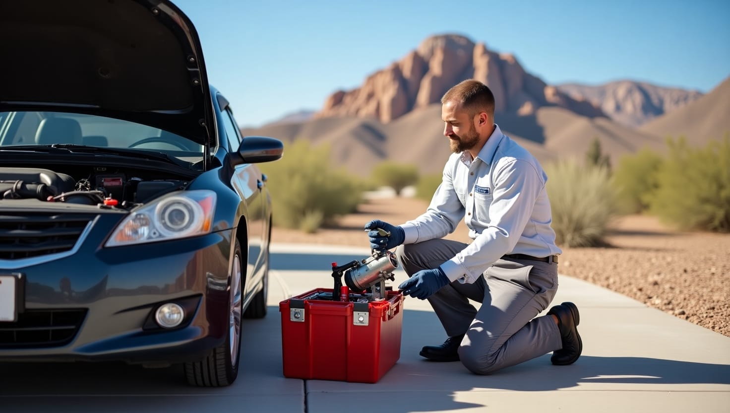 A professional mobile mechanic replacing a fuel pump in a driveway in Henderson, NV, with tools on the ground and a desert landscape in the background.