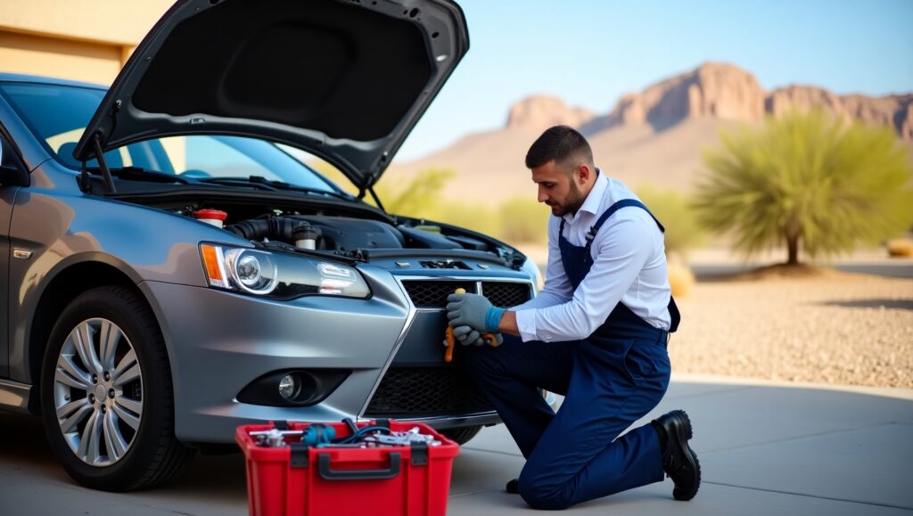 A professional mobile mechanic replacing a fuel pump in a driveway in Henderson, NV